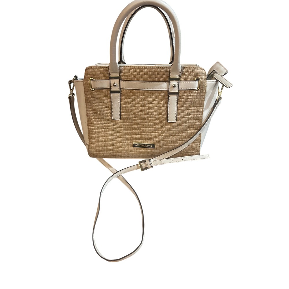 Liz Claiborne Straw Satchel Handbag Womens Medium Tan Cream Excellent Woven Boho - Picture 2 of 12